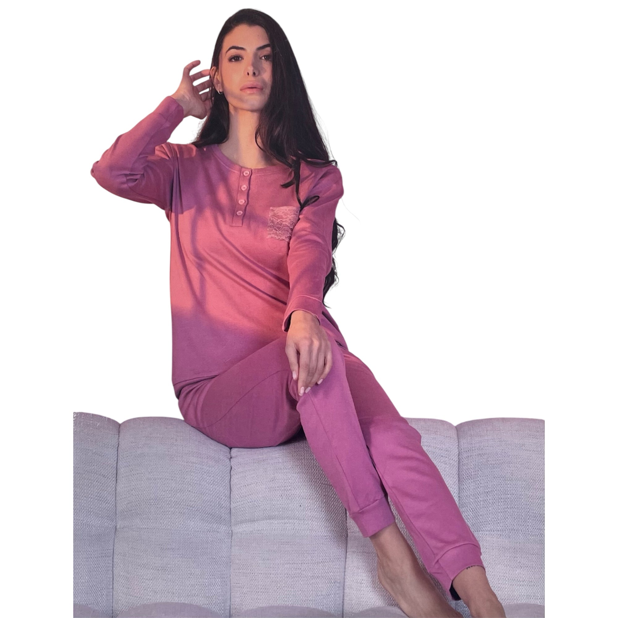 Pigiama Donna Lungo Caldo Cotone Scollo Serafino Con Polsini Oronero Art.OD482 - Boutique dell'Intimo e del Neonato