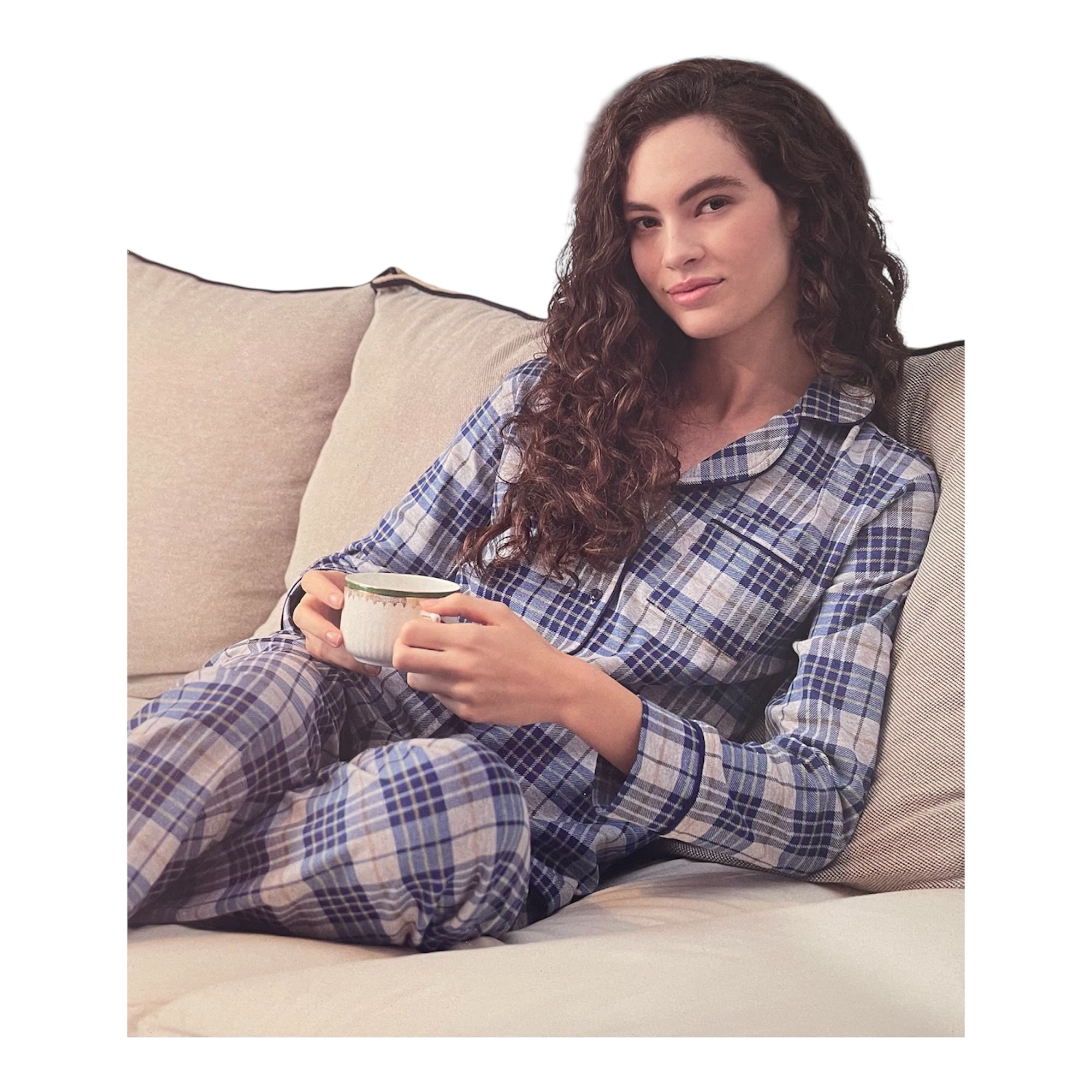 Pigiama Donna Lungo in Cotone Interlock Aperto Avanti Quadri Enrico Coveri Art.EP6244 - Boutique dell'Intimo e del Neonato