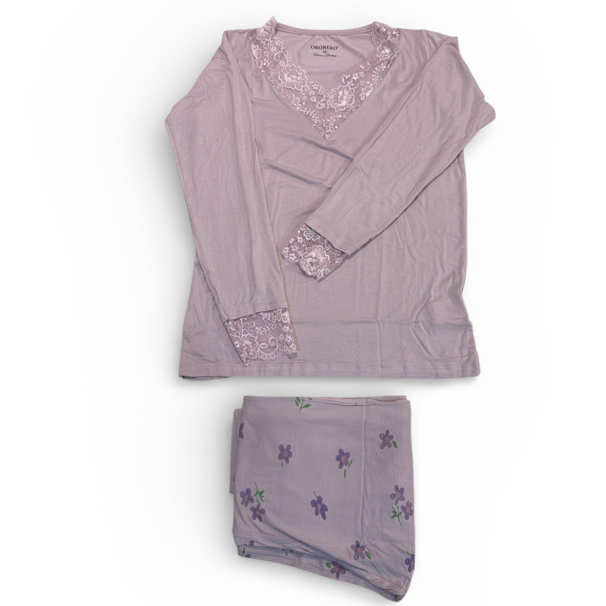 Pigiama Donna Lungo in Viscosa e Modal Scollo V in Pizzo Oronero Art.ODLE23 - Boutique dell'Intimo e del Neonato
