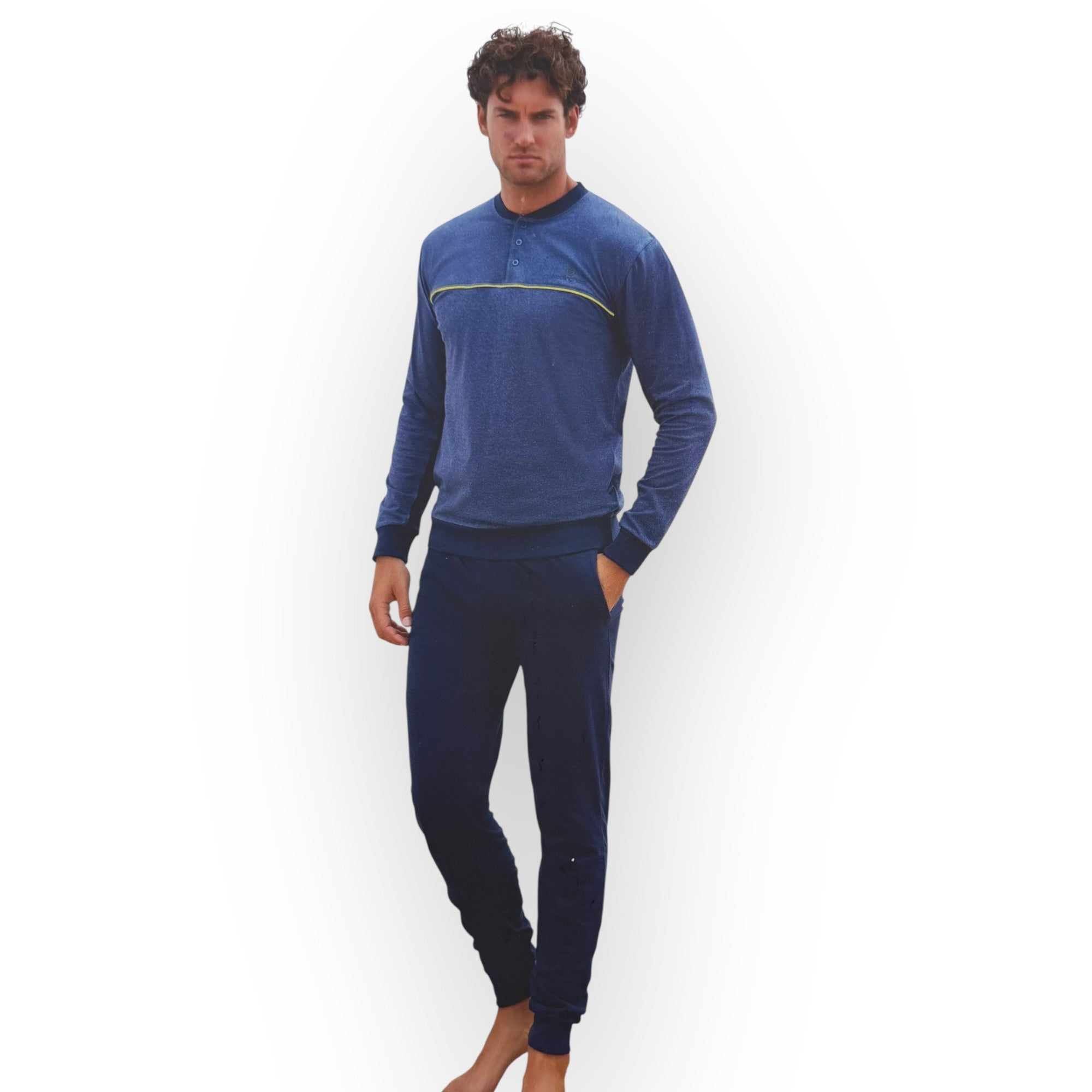 Pigiama Uomo Lungo in Cotone Jersey Serafino con Polsini Nottingham Art.NPA765 - ASS1 - Boutique dell'Intimo e del Neonato