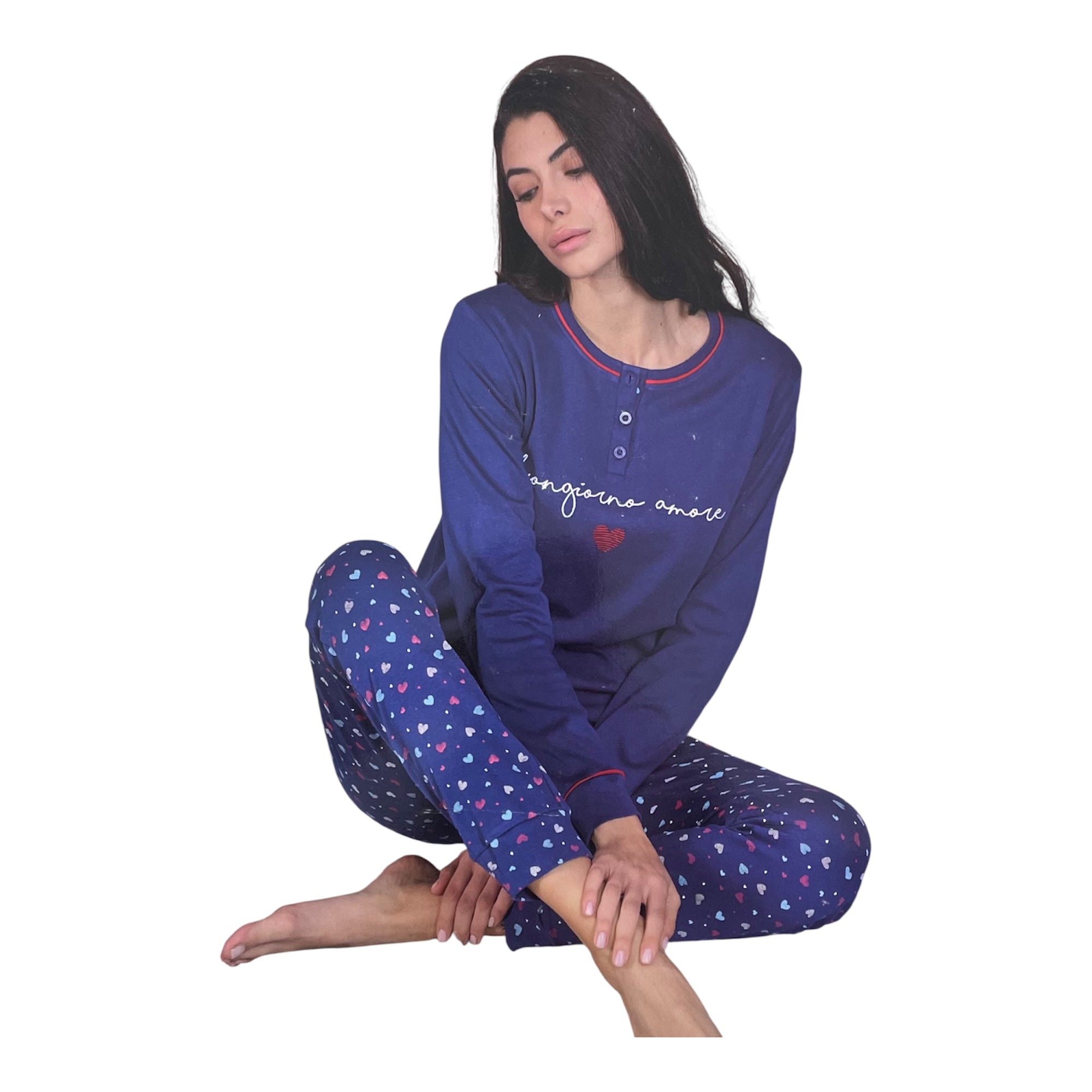 Pigiama Donna Lungo Caldo Cotone Scollo Serafino Con Polsini Oronero Art.OD466 - Boutique dell'Intimo e del Neonato