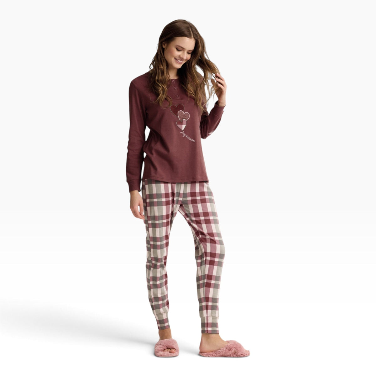Pigiama Donna Lungo in Caldo Cotone Serafino Lovecheck Infiore Art.65.4605 - Boutique dell'Intimo e del Neonato