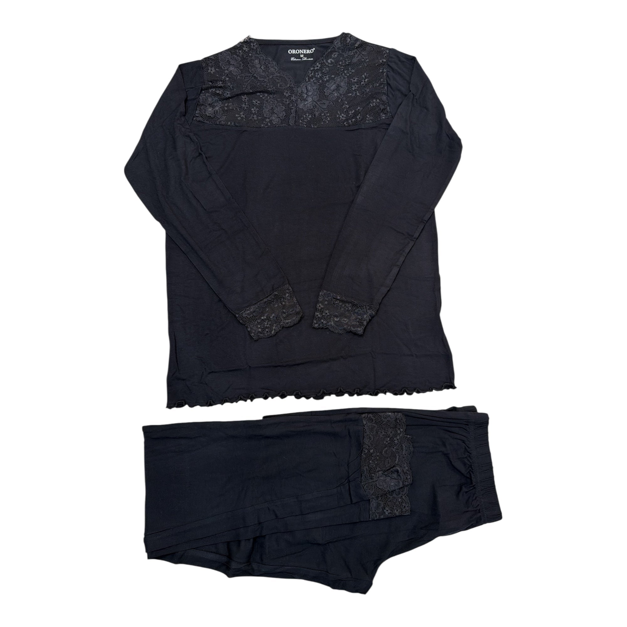 Pigiama Donna Lungo in Viscosa e Modal Décolleté in Pizzo Oronero Art.ODLE17 - Boutique dell'Intimo e del Neonato