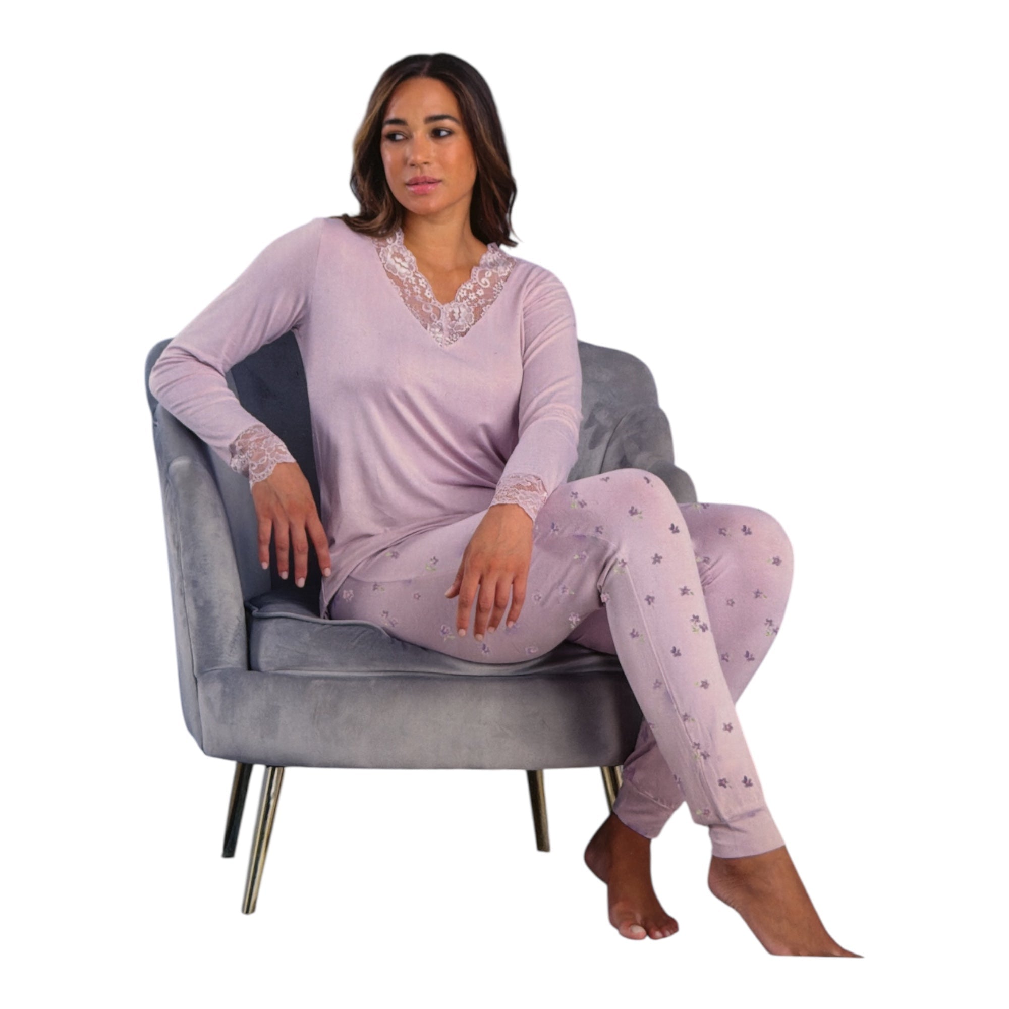 Pigiama Donna Lungo in Viscosa e Modal Scollo V in Pizzo Oronero Art.ODLE23 - Boutique dell'Intimo e del Neonato