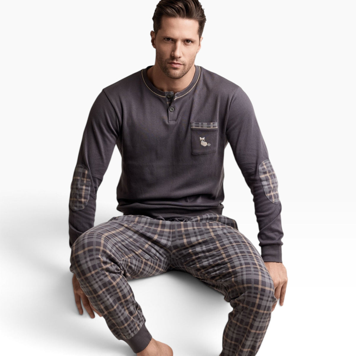 Pigiama Uomo Lungo in Caldo Cotone Serafino e Polsini Infiore Art.CHECKOUT 75.4688 - Boutique dell'Intimo e del Neonato