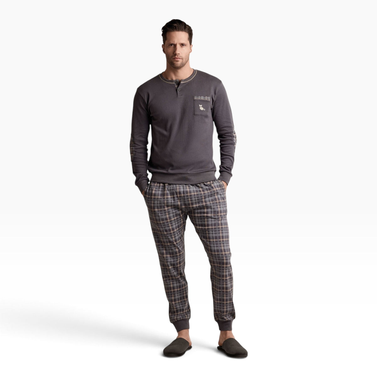 Pigiama Uomo Lungo in Caldo Cotone Serafino e Polsini Infiore Art.CHECKOUT 75.4688 - Boutique dell'Intimo e del Neonato