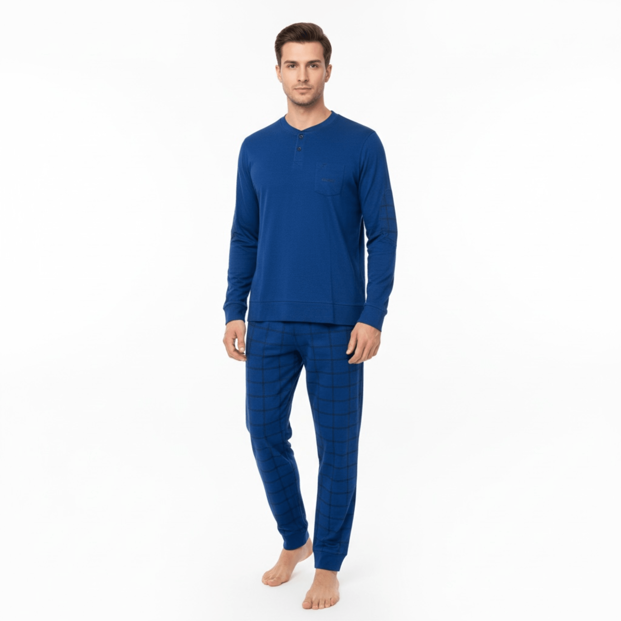 Pigiama Uomo Lungo in Cotone Jersey Serafino con Polsini Nottingham Art.NPA775 - AS2 - Boutique dell'Intimo e del Neonato